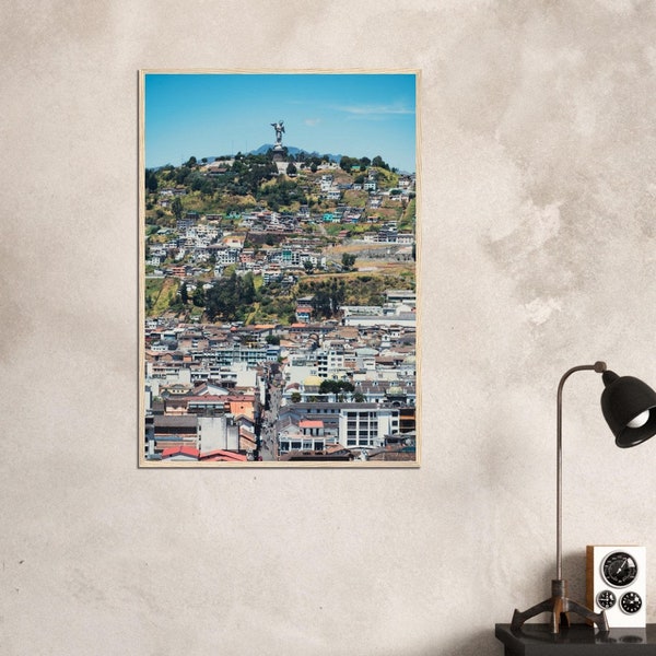 El Panecillo Quito Ecuador Skyline on Museum-Quality Matte Paper Wooden Framed Poster