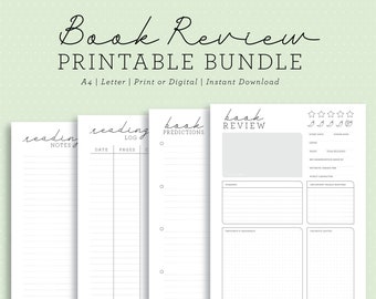 Book Review Printable Bundle | Digital Reading Journal PDF | Book Tracker + Review Pages | Instant Download