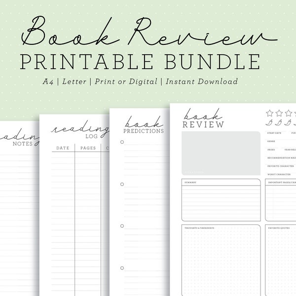 Book Review Printable Bundle | Reading Journal Book Insert | Discbound Planner Bullet Journal Insert | A4, Letter | Instant Download