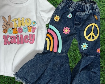 Kids Custom Characters Denim Jean Birthday Outfit Two Groovy One 1 2 3 retro rainbow flowers