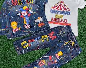 Kids Custom Characters Denim Jean Birthday Outfit Baby Circus Carnival Clown