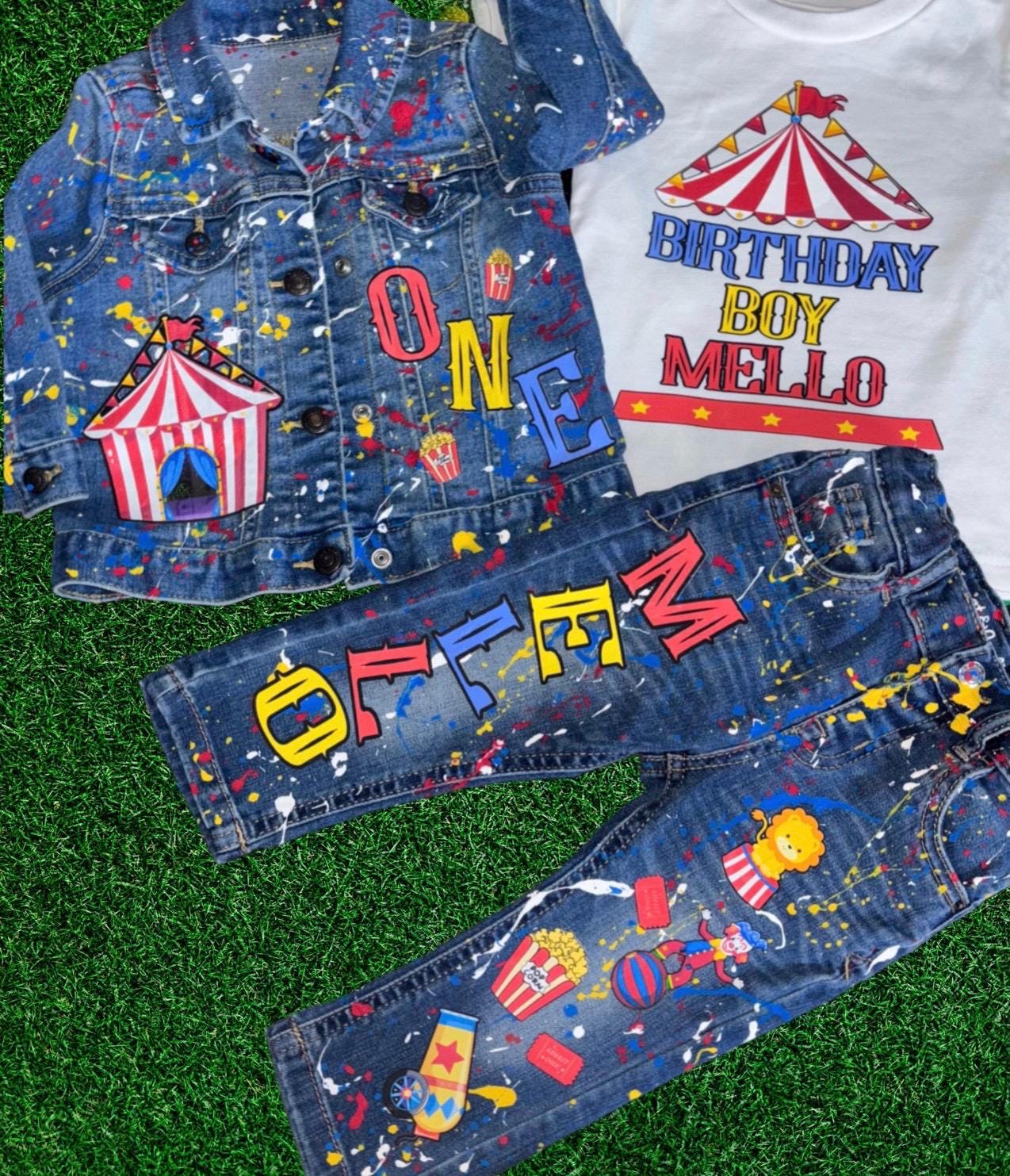 Kids Custom Characters Denim Jean Birthday Outfit Baby Circus 
