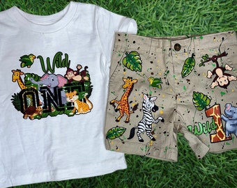 Kids Custom Characters Denim Jean Birthday Outfit Wild One Jungle Safari Two Wild