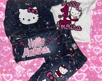Kids Custom Characters Denim Jean Birthday Outfit bow pink