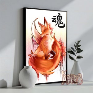 Fox Spirit art print / Japanese style art work / Red fox art print / Digital painting