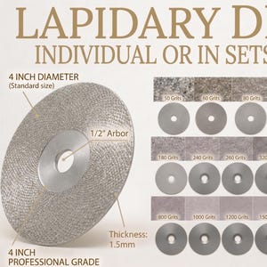 May include: Lapidary discs, 4-inch diameter, available individually or in sets. The image shows a close-up of a disc with a 1/2-inch arbor and a thickness of 1.5mm. Various grits are displayed, ranging from 50 to 3000.