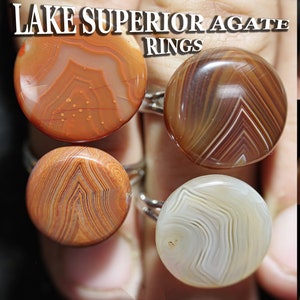Lake Superior Agate Statement Ring - Adjustable Silver Band