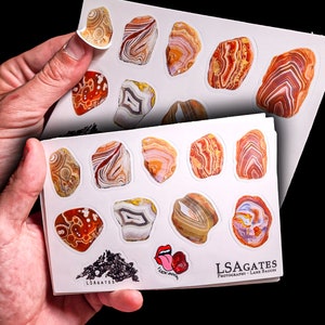 Puede incluir: Una hoja de pegatinas con diferentes rebanadas de ágata en tonos marrones, naranjas y blancos. Las pegatinas están dispuestas en una cuadrícula y tienen un acabado brillante. La hoja también incluye el texto "LSAGATES PHOTOGRAPHY - LANE BAGUES" y "LUCK ROCK".