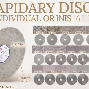 Puede incluir: Imagen de discos lapidarios de 15,24 cm de diámetro, con diferentes tamaños de grano. La imagen incluye un disco con un eje de 1,27 cm y un grosor de 1,5 mm. El texto dice "Grado Profesional".
