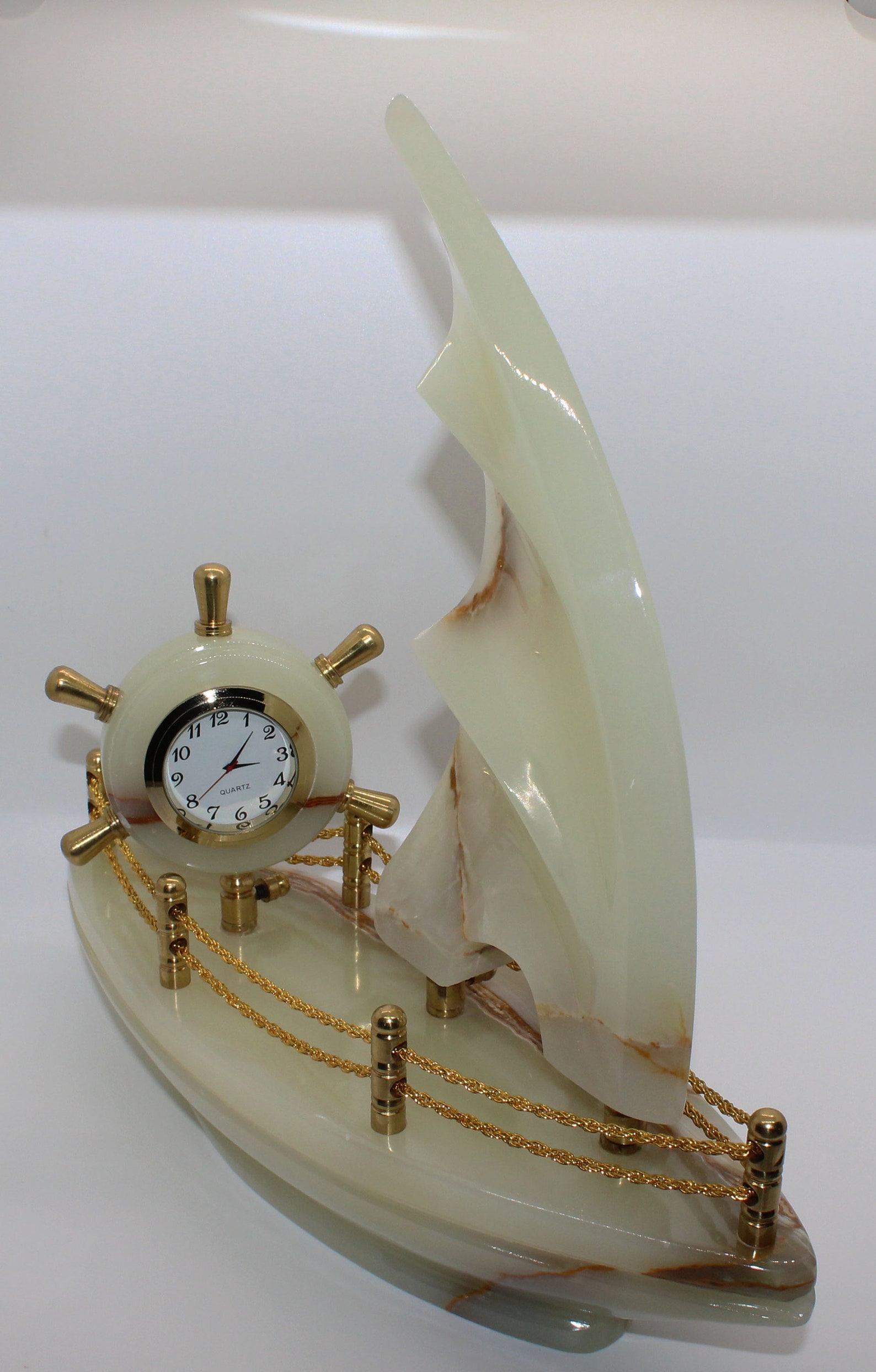 12 Vintage Natural White Onyx Sail Boat Clock Collectible Mineral and Display Piece Home