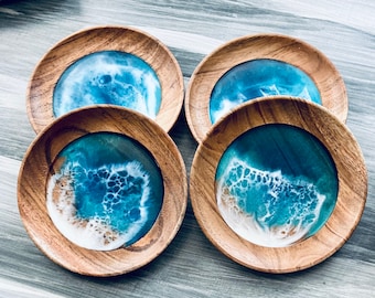 4 Piece Acacia Wood and Resin Beach Themed Coasters