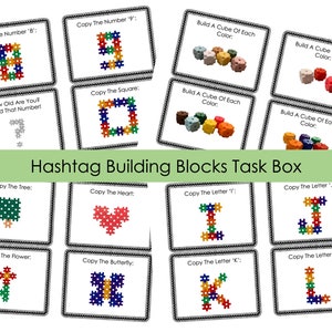May include: A set of task cards for building with colorful blocks. The cards feature instructions to copy numbers, shapes, and letters, as well as build cubes of each color. The title "Hashtag Building Blocks Task Box" is displayed in a green banner.