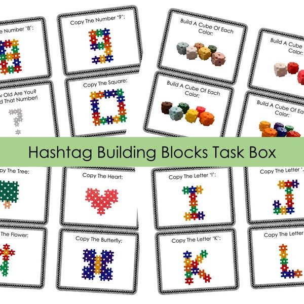 Tarjetas de actividad/tareas de bloques de hashtag ampliadas configuradas para incluir letras, números y una mayor variedad de colores de bloques: ¡más de 60 tarjetas!
