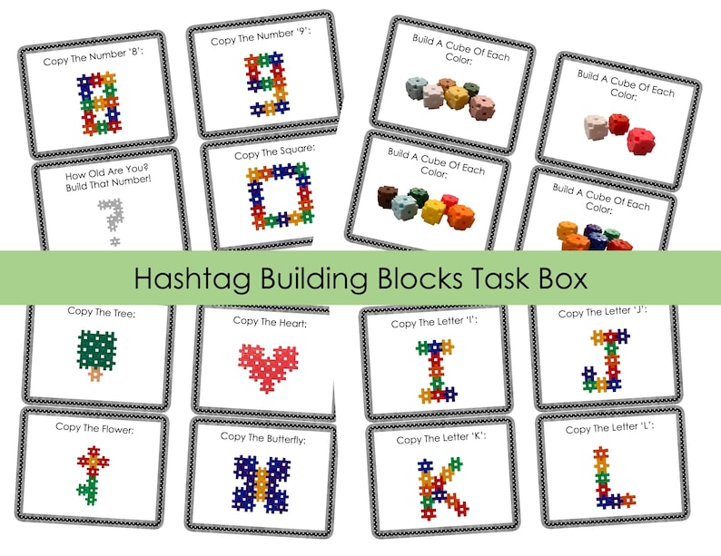 Expanded Hashtag Blocks Activity / Task Cards Set to Include Letters