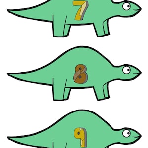 May include: Three green cartoon dinosaurs with numbers 7, 8, and 9 on their backs.