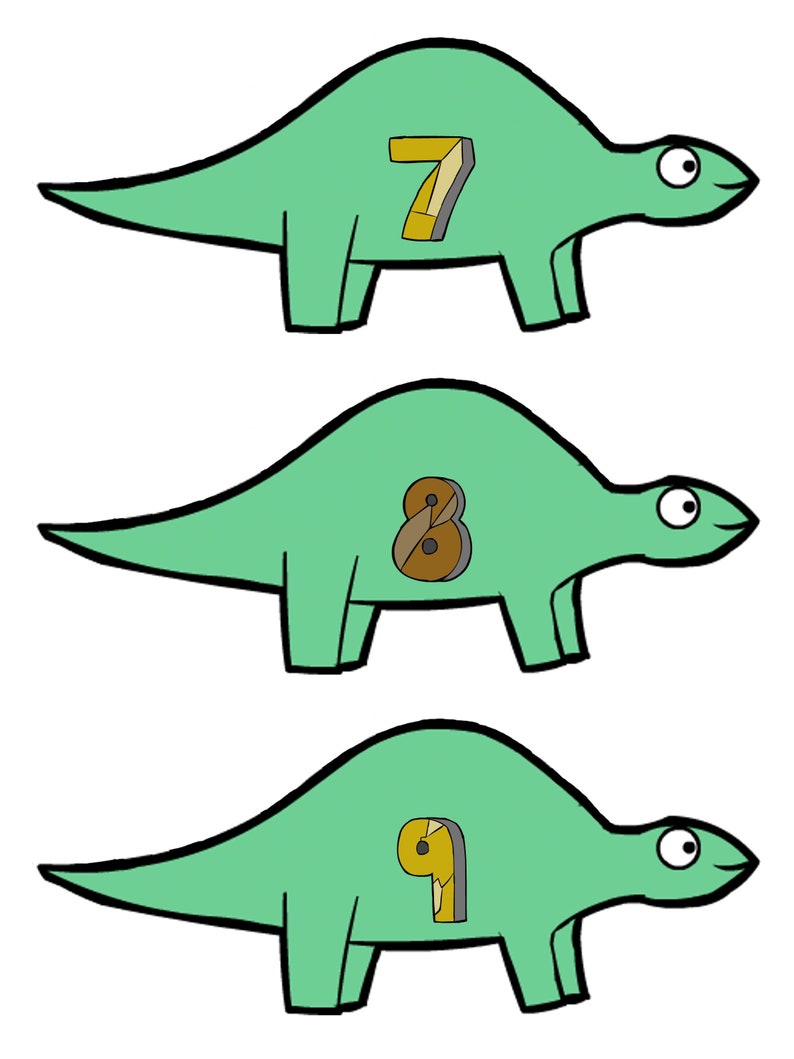 May include: Three green cartoon dinosaurs with numbers 7, 8, and 9 on their backs.
