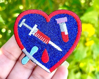 Sparkly medical heart patch, Icon, syringe medicine, blood needle doctor, nurse Iron-On patch, glittery, rn MD AT MA