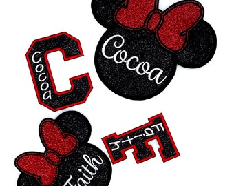 Parche brillante de ratón - Letras universitarias vendidas por separado - Nombre personalizado - Termoadhesivo - Niños - Lazo grande - Brillante - Inspirado en Minnie Mouse