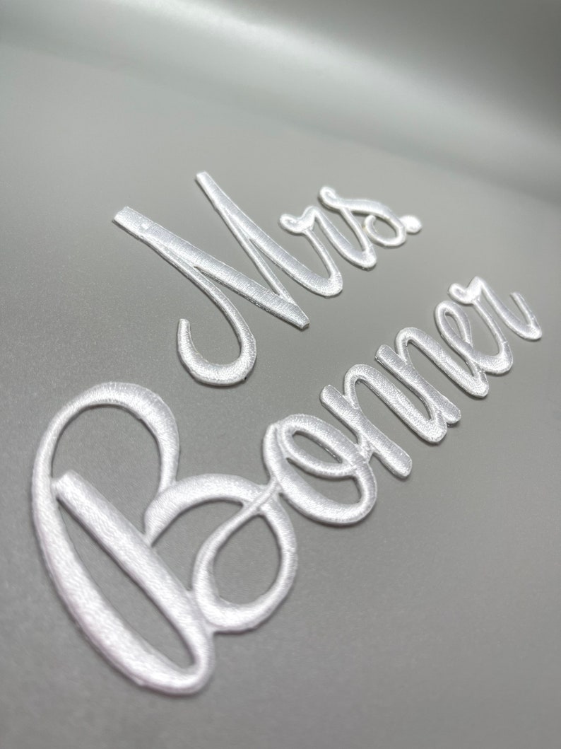 Custom iron on name patch Personalized Letter Kids Bride Groom bridal gift nombre outline embroider apron sash bag image 6