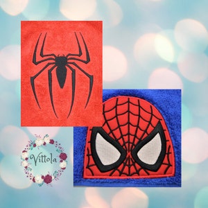 May include: Two red fabric patches with black embroidered designs of Spiderman. One patch shows a spider web design with white eyes and the other shows a spider silhouette.