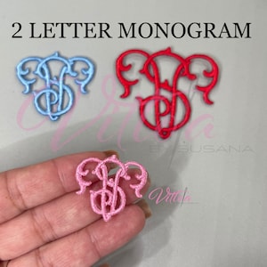 May include: Three embroidered two-letter monogram patches. One is light blue, one is pink, and one is red.