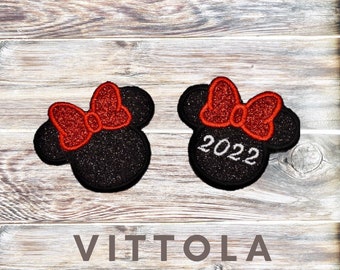Parche de cabeza de ratón brillante - Personalizado 2022 - Termoadhesivo - Infantil - Lazo grande - Brillante - Inspirado en Minnie Mouse