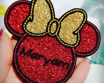 Sprankelende muispatch - varsity-letters worden apart verkocht - Gepersonaliseerde naam - Opstrijkbaar - Kinderen - Grote strik - sprankelend - Geïnspireerd op het hoofd van Minnie Mouse