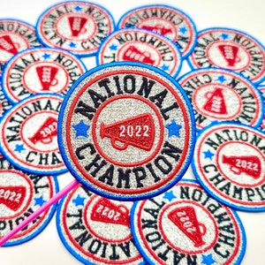 Custom National Champion Glitter Patch - megaphone cheer team spirit sparkly patch - iron on - varsity - valley - Cheerleader - cheerleading