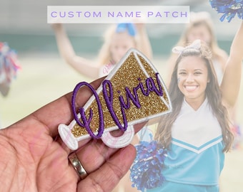 Custom Cheer Megaphone Glitter Patch - team spirit sparkly patch - iron on name patch - varsity - valley - Cheerleader - cheerleading