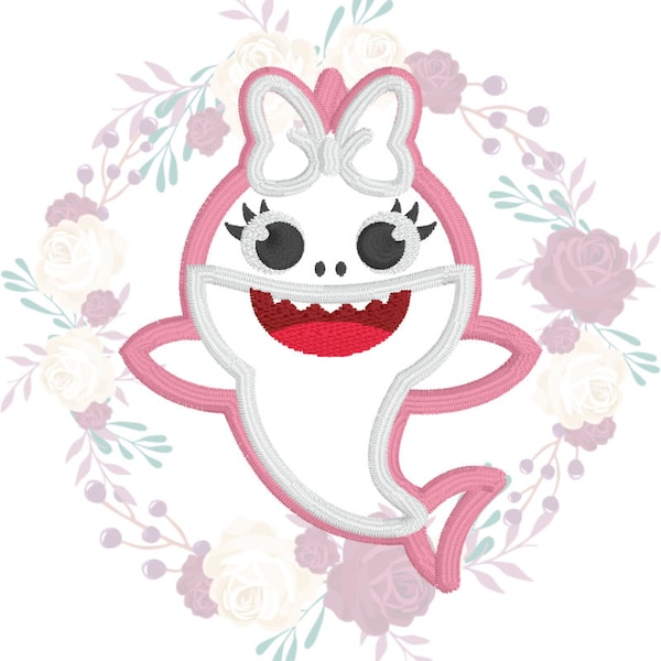 Baby Girl Shark appliqué Embroidery design 3, 5, 6  inch Embroidery Pattern