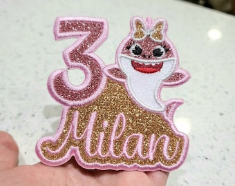 4" aangepaste babymeisje roze haai sprankelende opstrijkpatch sprankelende patch, glitterpatch, kinderen, verjaardagsnummer peuter