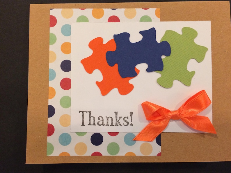 Handmade Thank You cards cheerful design using puzzle pieces and bright colors