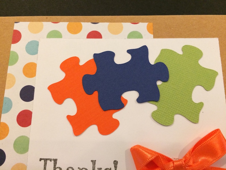 Handmade Thank You cards cheerful design using puzzle pieces and bright colors