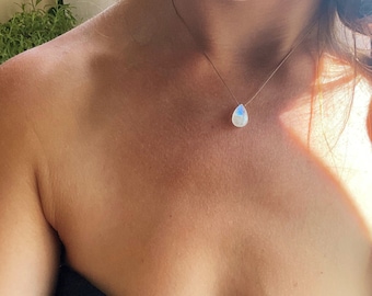 Floating Rainbow Moonstone Necklace, 15"-22", Petite Moonstone Necklace,  Stainless Steel, Grade AAA Moonstone, Minimalistic, 10mm 11mm