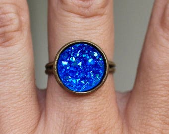 BUY 3 GET 1 FREE Gorgeous Royal Blue Druzy Brass Ring, 12mm, Gift