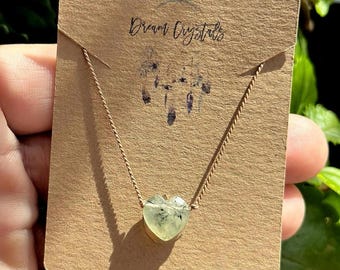 Faceted Prehnite Heart Necklace, Minimalist Layering Jewelry, Vegan Thread Cord