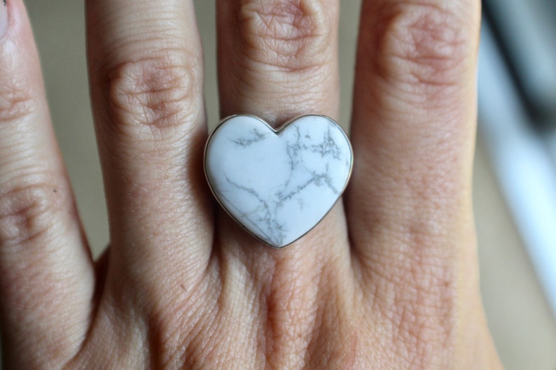 Gemstone Ring Awareness Stone White Turquoise Howlite Heart Howlite Ring Size 8.5 Sterling Silver Howlite Ring White Howlite Ring