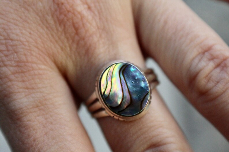 Seashell Ring 925 Abalone Jewelry Abalone Ring Sterling Silver Abalone Ring Mermaid Ring Size 8.5 Rainbow Abalone Ring