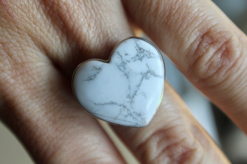 Gemstone Ring Awareness Stone White Turquoise Howlite Heart Howlite Ring Size 8.5 Sterling Silver Howlite Ring White Howlite Ring