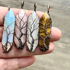 Handmade Wire Wrapped Crystal Necklace, Gemstone Tree of Life Pendants, Tree of Life Necklace, Opalite, Rose Quartz, Quartz, Black Onyx