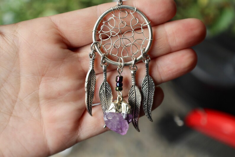 Dream Catcher Amethyst Necklace Raw Amethyst Necklace Festival Raw Crystal Pendant Bohemian Jewelry Dream Catcher Necklace Long