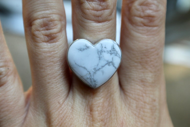 Gemstone Ring Awareness Stone White Turquoise Howlite Heart Howlite Ring Size 8.5 Sterling Silver Howlite Ring White Howlite Ring