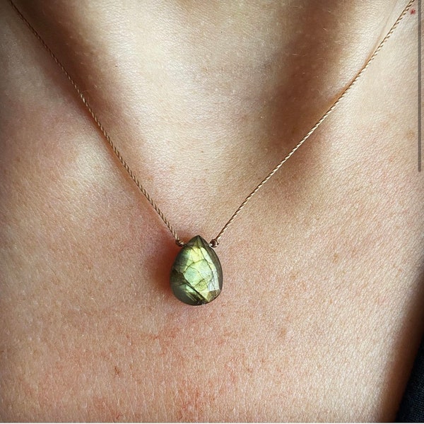 Faceted Labradorite Teardrop Necklace, You Choose, Vegan Cord Choker, Minimalist Jewelry