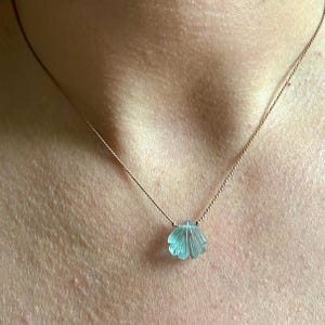 May include: A delicate necklace with a light blue, carved shell pendant on a thin, brown cord.