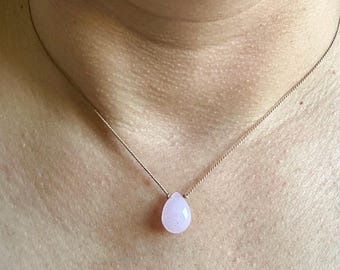 Faceted Rose Quartz Teardrop Necklace, Minimalist Floating Layering Jewelry, Vegan Thread
