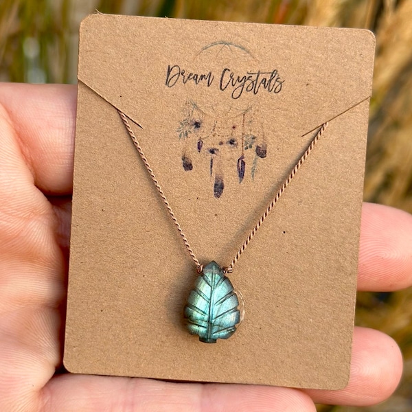 Carved Labradorite Leaf Necklace, Minimalist Layering Crystal Jewelry, Vegan Thread Cord