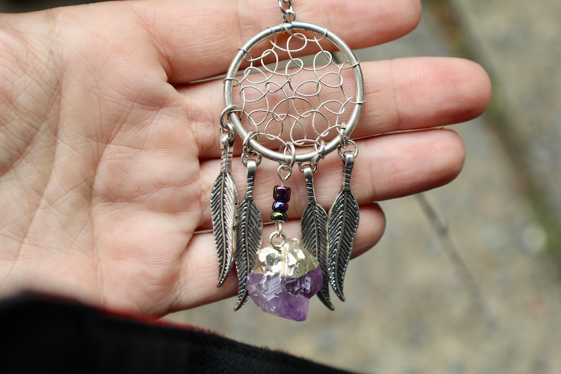 Dream Catcher Amethyst Necklace Raw Amethyst Necklace Festival Raw Crystal Pendant Bohemian Jewelry Dream Catcher Necklace Long