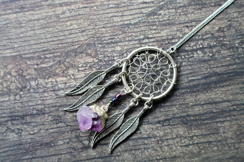 Dream Catcher Amethyst Necklace Raw Amethyst Necklace Festival Raw Crystal Pendant Bohemian Jewelry Dream Catcher Necklace Long