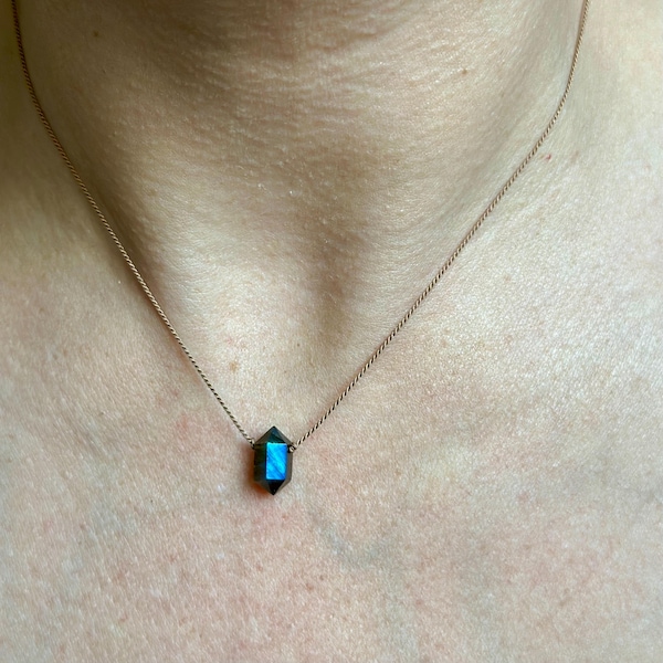 Double Terminated Labradorite Point Necklace, Minimalist Layering Choker, Vegan Cord Jewelry, Floating