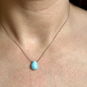 Genuine Larimar Necklace, 14&quot;-22&quot;, Larimar Minimalist Layering Necklace, Teardrop Larimar, Silk, Dainty Larimar Necklace